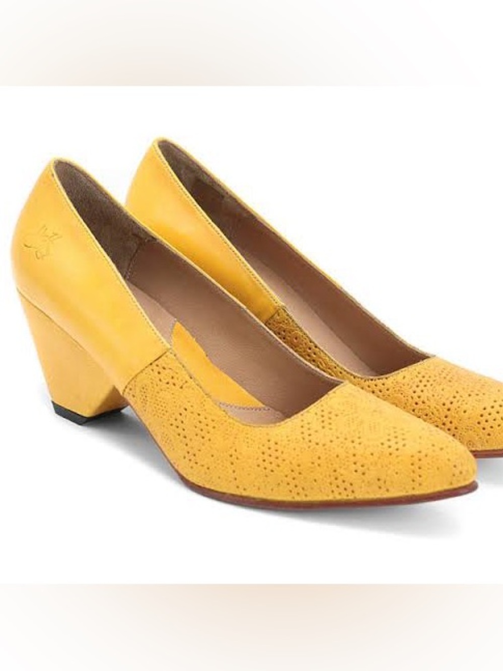 John Fluevog Purpose Ambition- Mustard Yellow Perforated Block Heel Pumps